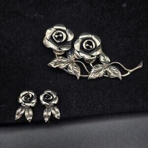 Beau Sterling Rose Flower Brooch Screw Back Earrings Set Vintage